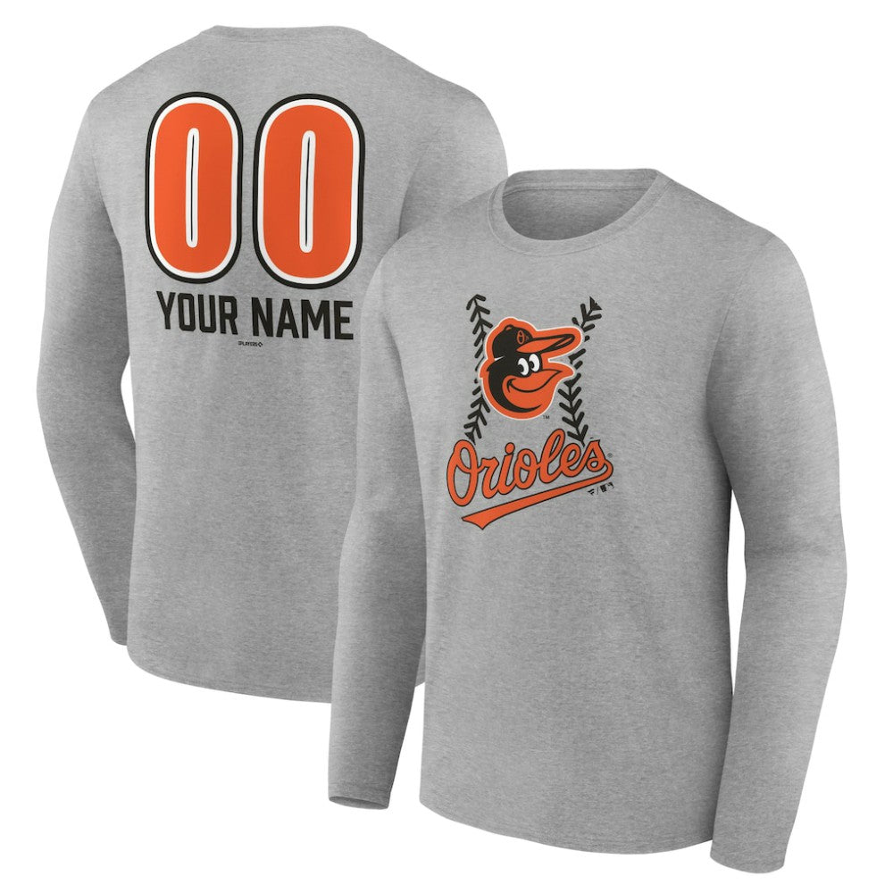 Baltimore Orioles Personalized Name & Number Fastball Long Sleeve T-Shirt - Gray T-shirts