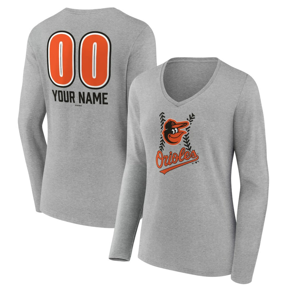 Baltimore Orioles Women's Personalized Name & Number Fastball Long Sleeve V-Neck T-Shirt - Gray T-shirts