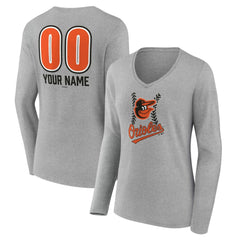 Baltimore Orioles Women's Personalized Name & Number Fastball Long Sleeve V-Neck T-Shirt - Gray T-shirts