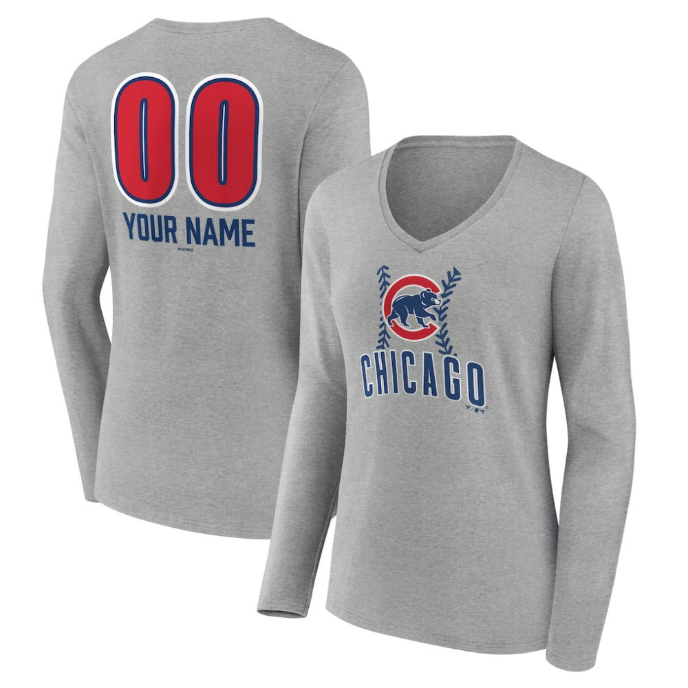 Chicago Cubs Women's Personalized Name & Number Fastball Long Sleeve V-Neck T-Shirt - Gray T-shirts