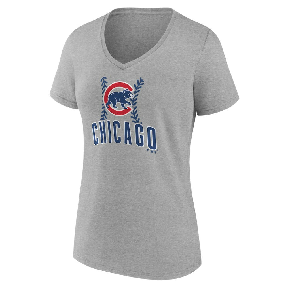 Chicago Cubs Women's Personalized Name & Number Fastball V-Neck T-Shirt - Gray T-shirts