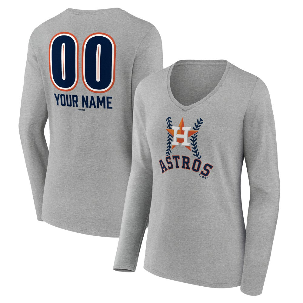 Houston Astros Women's Personalized Name & Number Fastball Long Sleeve V-Neck T-Shirt - Gray T-shirts