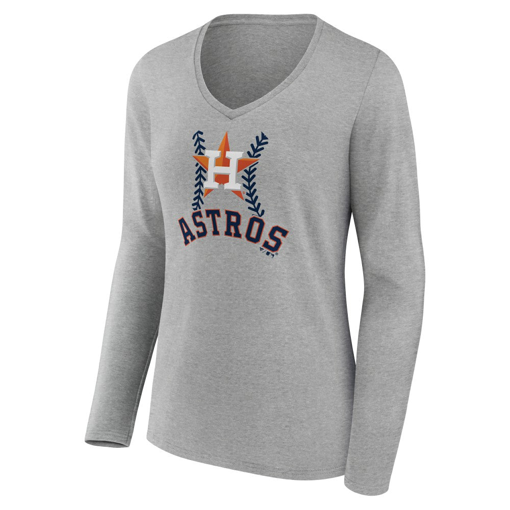 Houston Astros Women's Personalized Name & Number Fastball Long Sleeve V-Neck T-Shirt - Gray T-shirts