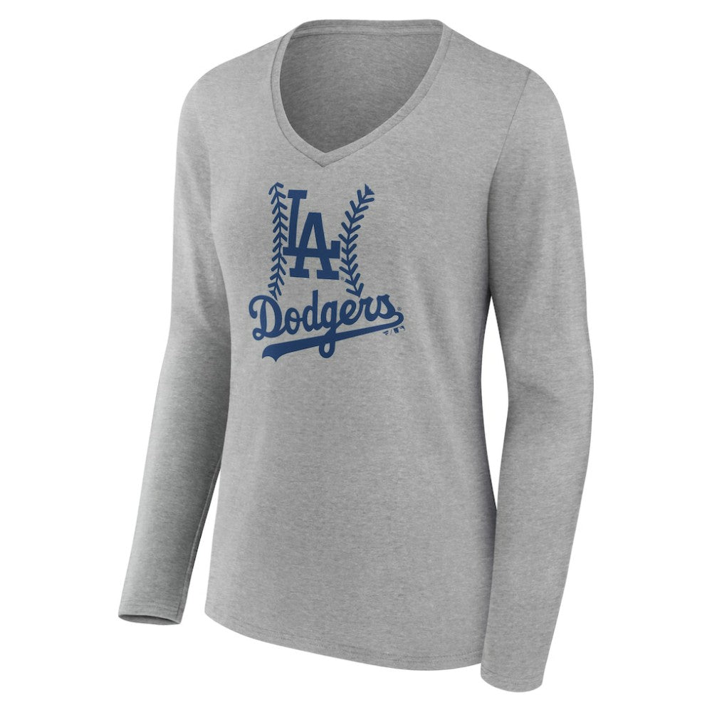 Los Angeles Dodgers Women's Personalized Name & Number Fastball Long Sleeve V-Neck T-Shirt - Gray T-shirts