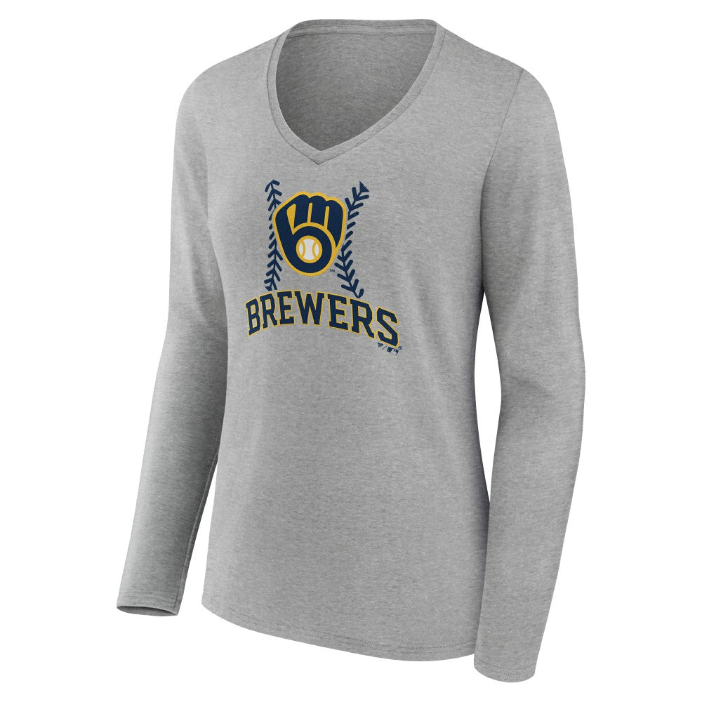 Milwaukee Brewers Women's Personalized Name & Number Fastball Long Sleeve V-Neck T-Shirt - Gray T-shirts