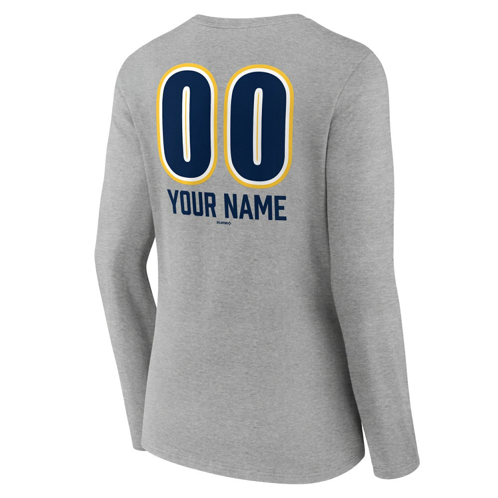 Milwaukee Brewers Women's Personalized Name & Number Fastball Long Sleeve V-Neck T-Shirt - Gray T-shirts