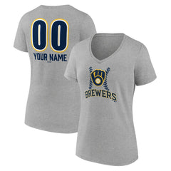 Milwaukee Brewers Women's Personalized Name & Number Fastball V-Neck T-Shirt - Gray T-shirts