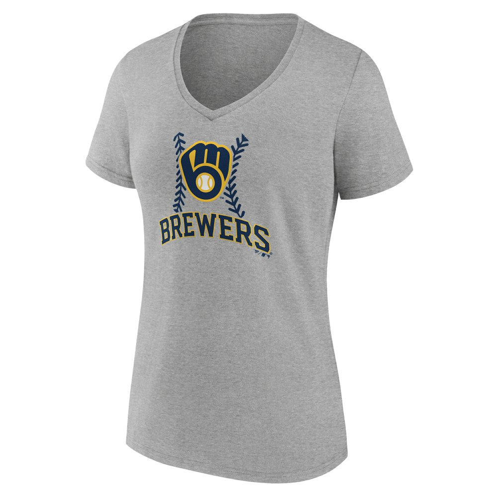 Milwaukee Brewers Women's Personalized Name & Number Fastball V-Neck T-Shirt - Gray T-shirts