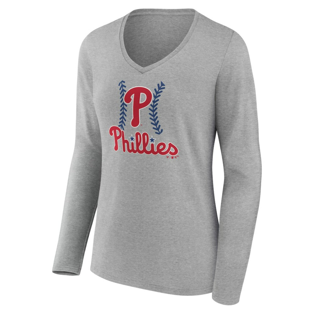 Philadelphia Phillies Women's Personalized Name & Number Fastball Long Sleeve V-Neck T-Shirt - Gray T-shirts