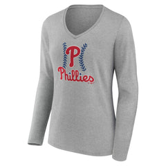 Philadelphia Phillies Women's Personalized Name & Number Fastball Long Sleeve V-Neck T-Shirt - Gray T-shirts