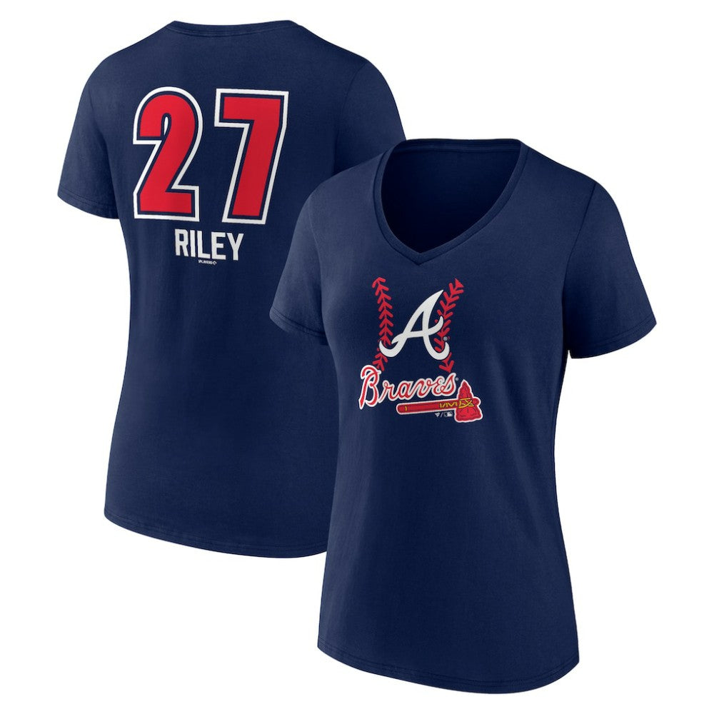 Austin Riley Atlanta Braves Women's Fastball Player Name & Number V-Neck T-Shirt - Navy T-shirts
