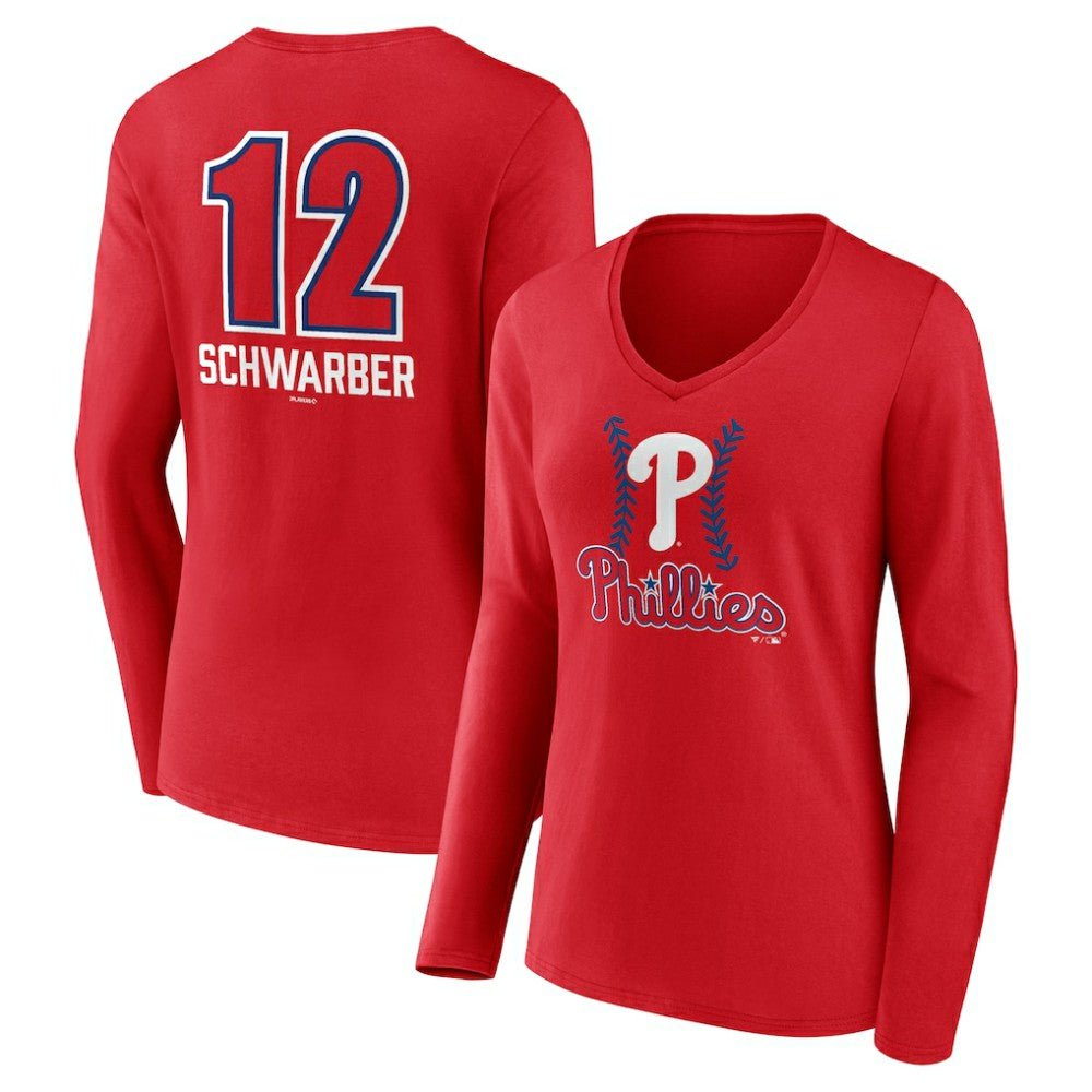 Kyle Schwarber Philadelphia Phillies Women's Fastball Player Name & Number Long Sleeve V-Neck T-Shirt - Red T-shirts