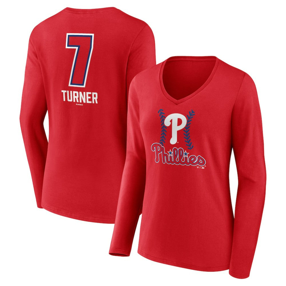 Trea Turner Philadelphia Phillies Women's Fastball Player Name & Number Long Sleeve V-Neck T-Shirt - Red T-shirts