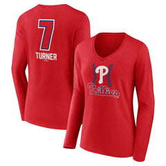 Trea Turner Philadelphia Phillies Women's Fastball Player Name & Number Long Sleeve V-Neck T-Shirt - Red T-shirts