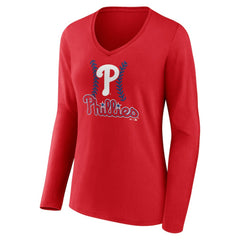 Trea Turner Philadelphia Phillies Women's Fastball Player Name & Number Long Sleeve V-Neck T-Shirt - Red T-shirts
