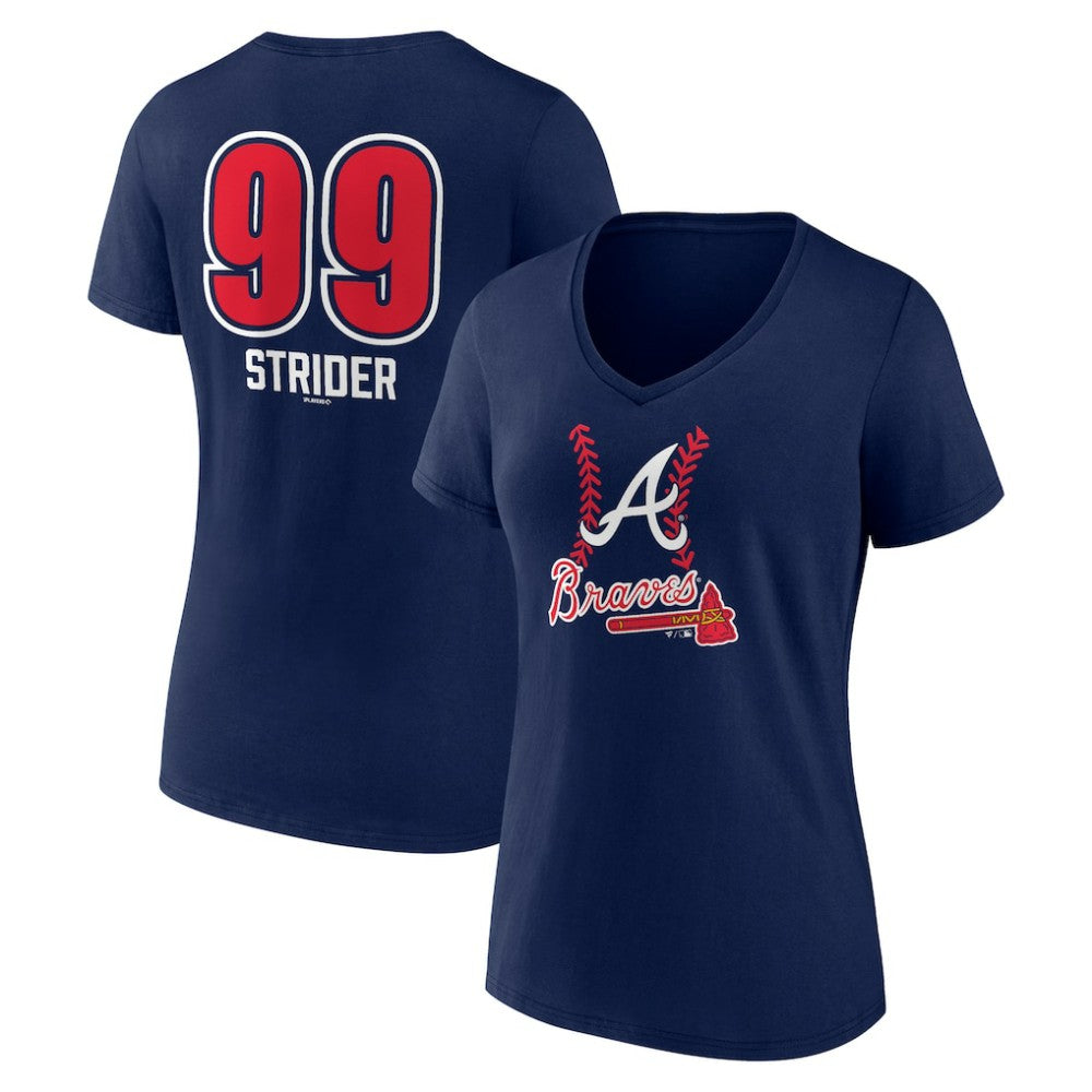Spencer Strider Atlanta Braves Women's Fastball Player Name & Number V-Neck T-Shirt - Navy T-shirts