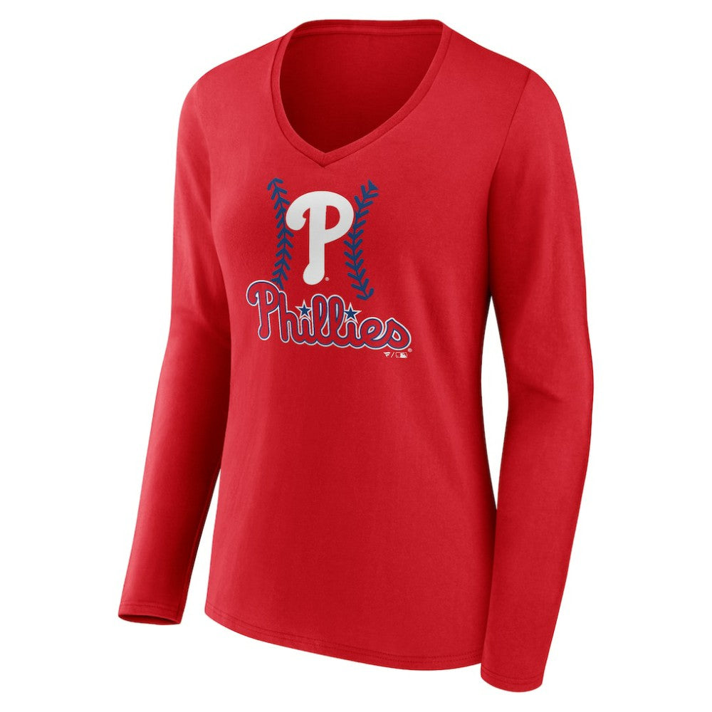J.T. Realmuto Philadelphia Phillies Women's Fastball Player Name & Number Long Sleeve V-Neck T-Shirt - Red T-shirts