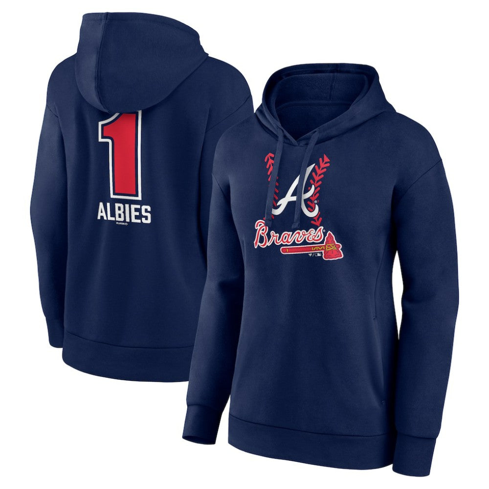Ozzie Albies Atlanta Braves Women's Fastball Player Name & Number Pullover Hoodie - Navy Hoodies