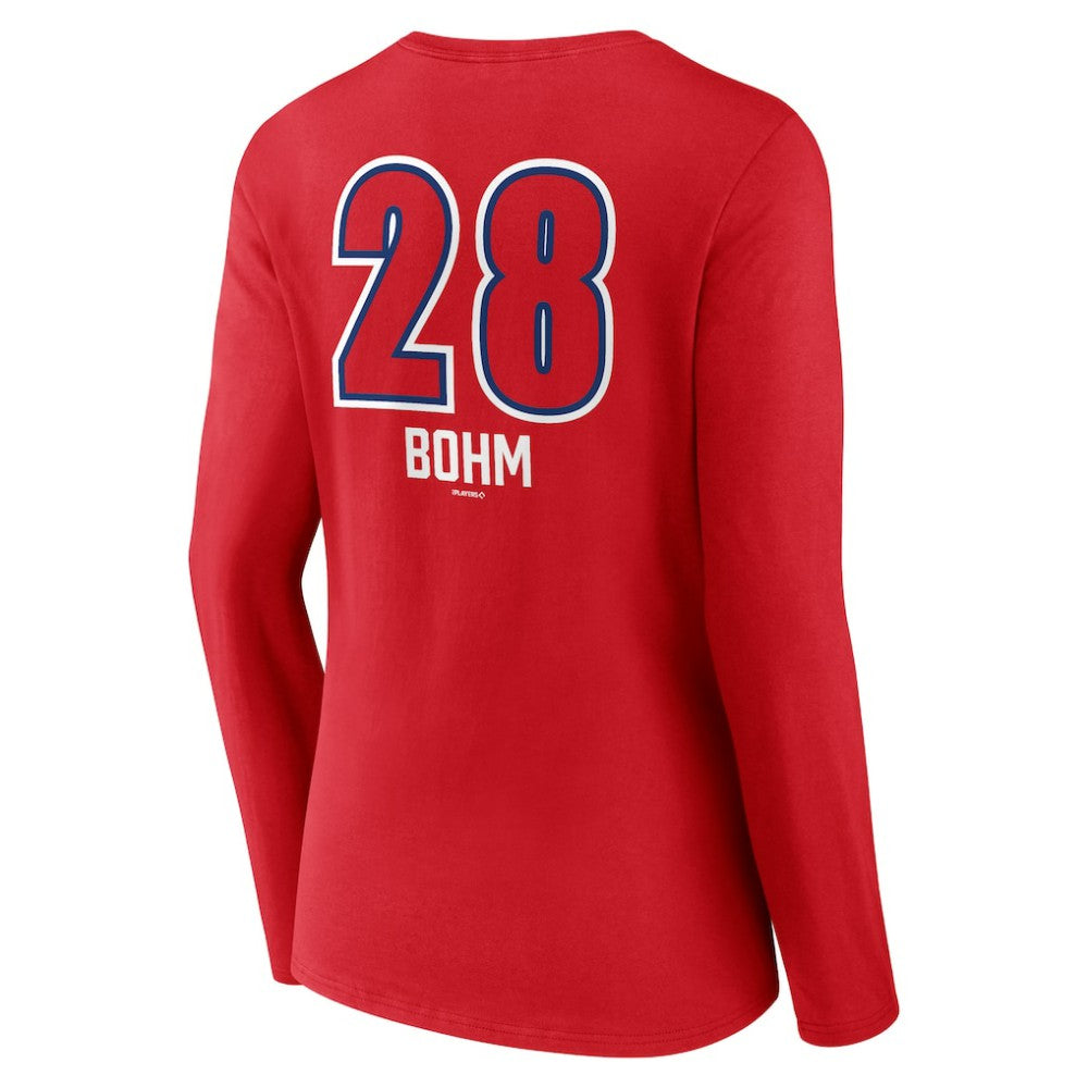 Alec Bohm Philadelphia Phillies Women's Fastball Player Name & Number Long Sleeve V-Neck T-Shirt - Red T-shirts