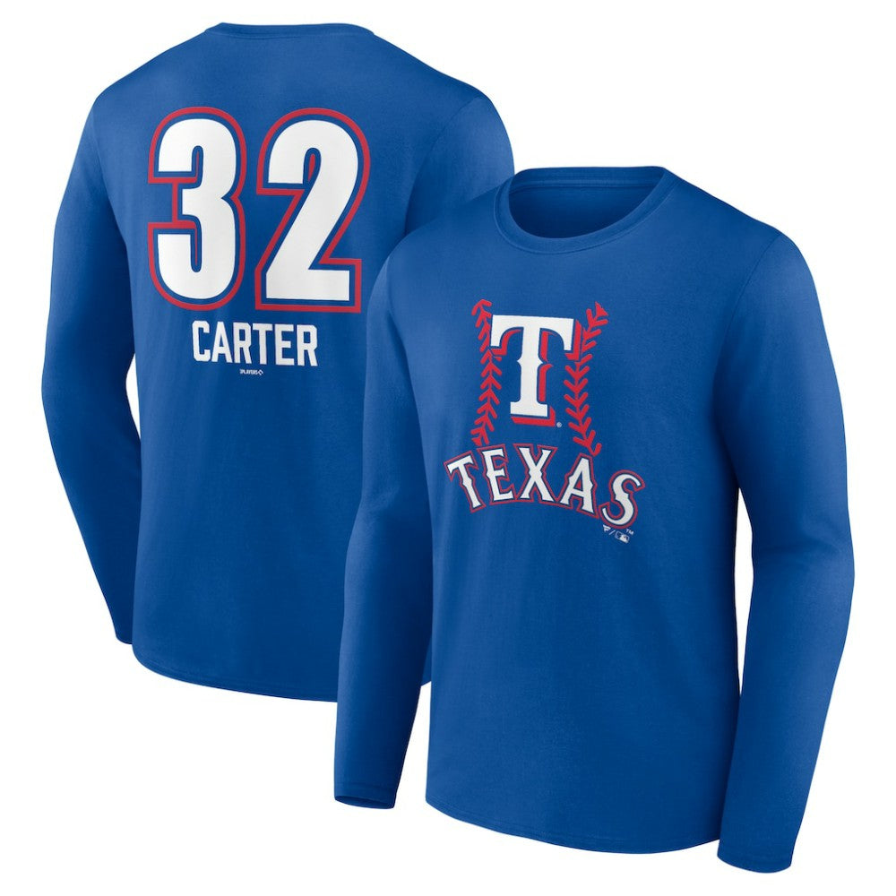 Evan Carter Texas Rangers Fastball Player Name & Number Long Sleeve T-Shirt - Royal T-shirts