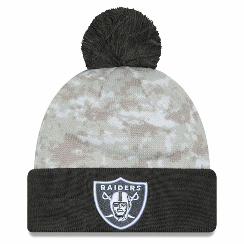 Las Vegas Raiders New Era 2024 Salute To Service Digital Camo Cuffed Knit Hat with Pom - White/Graphite Hats