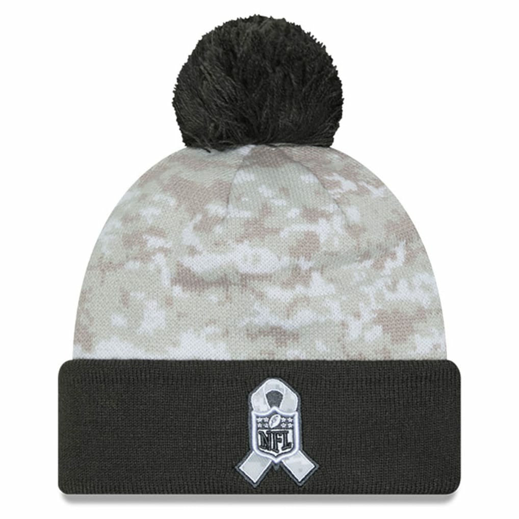 Las Vegas Raiders New Era 2024 Salute To Service Digital Camo Cuffed Knit Hat with Pom - White/Graphite Hats