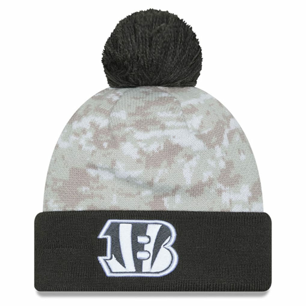 Cincinnati Bengals New Era Youth 2024 Salute To Service Cuffed Pom Knit Hat - White/Graphite Hats