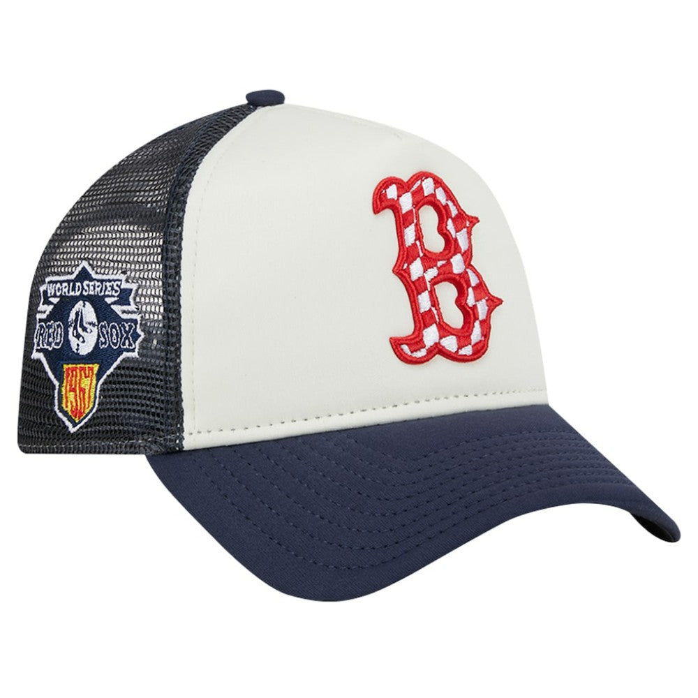 Boston Red Sox New Era Checkered Flag A-Frame Trucker 9FORTY Adjustable Hat - White/Navy Hats