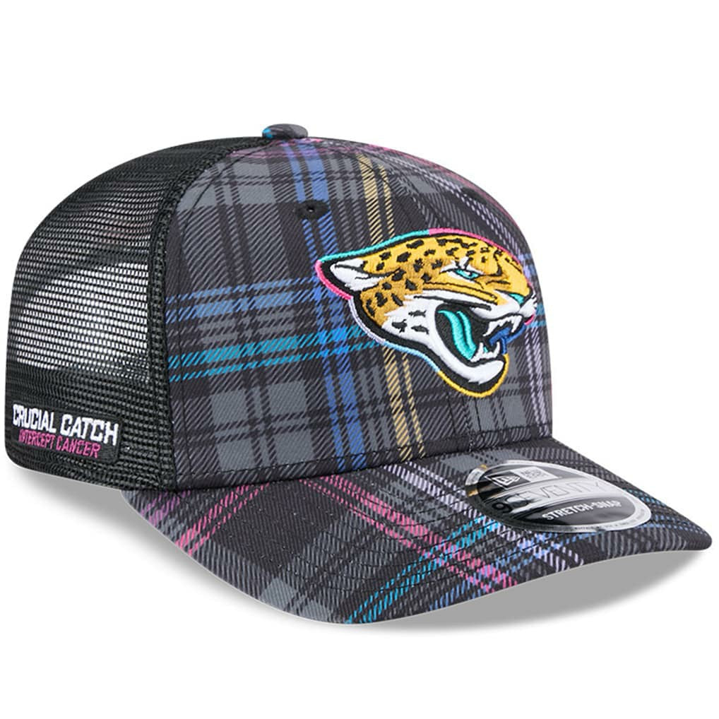 Jacksonville Jaguars New Era 2024 NFL Crucial Catch Plaid 9SEVENTY Trucker Snapback Hat - Black Hats