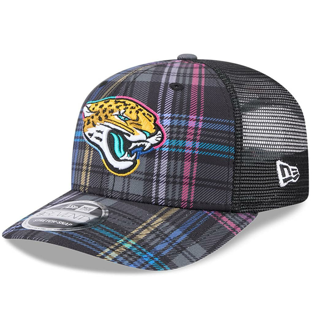 Jacksonville Jaguars New Era 2024 NFL Crucial Catch Plaid 9SEVENTY Trucker Snapback Hat - Black Hats