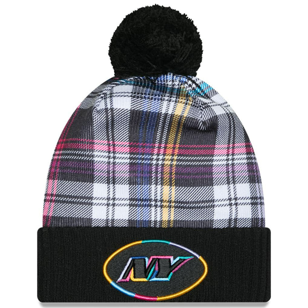 New York Jets New Era Youth 2024 NFL Crucial Catch Plaid Cuffed Pom Knit Hat - Black Hats