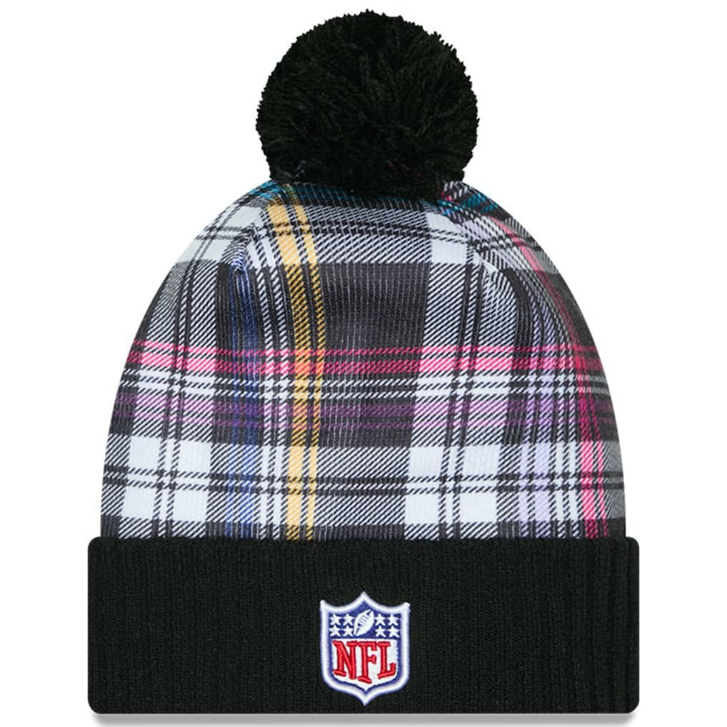 New York Jets New Era Youth 2024 NFL Crucial Catch Plaid Cuffed Pom Knit Hat - Black Hats