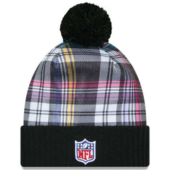 New York Jets New Era Youth 2024 NFL Crucial Catch Plaid Cuffed Pom Knit Hat - Black Hats
