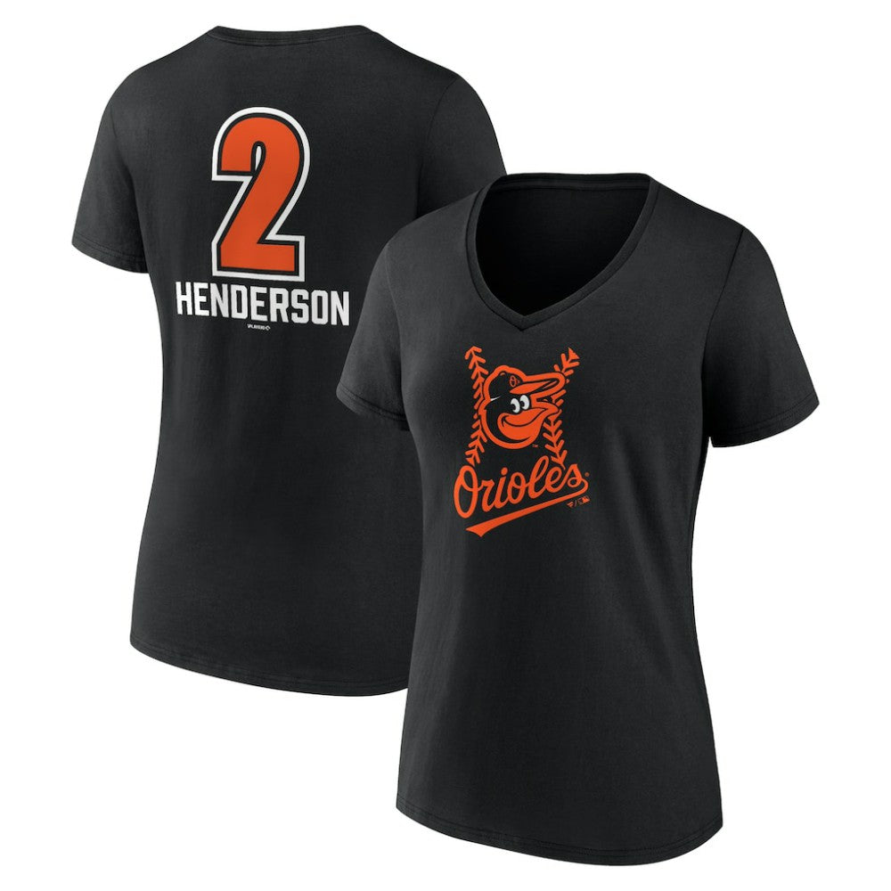 Gunnar Henderson Baltimore Orioles Women's Fastball Player Name & Number V-Neck T-Shirt - Black T-shirts