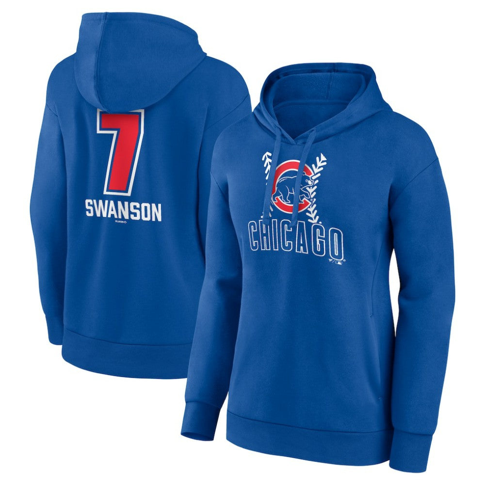 Dansby Swanson Chicago Cubs Women's Fastball Player Name & Number Pullover Hoodie - Royal Hoodies