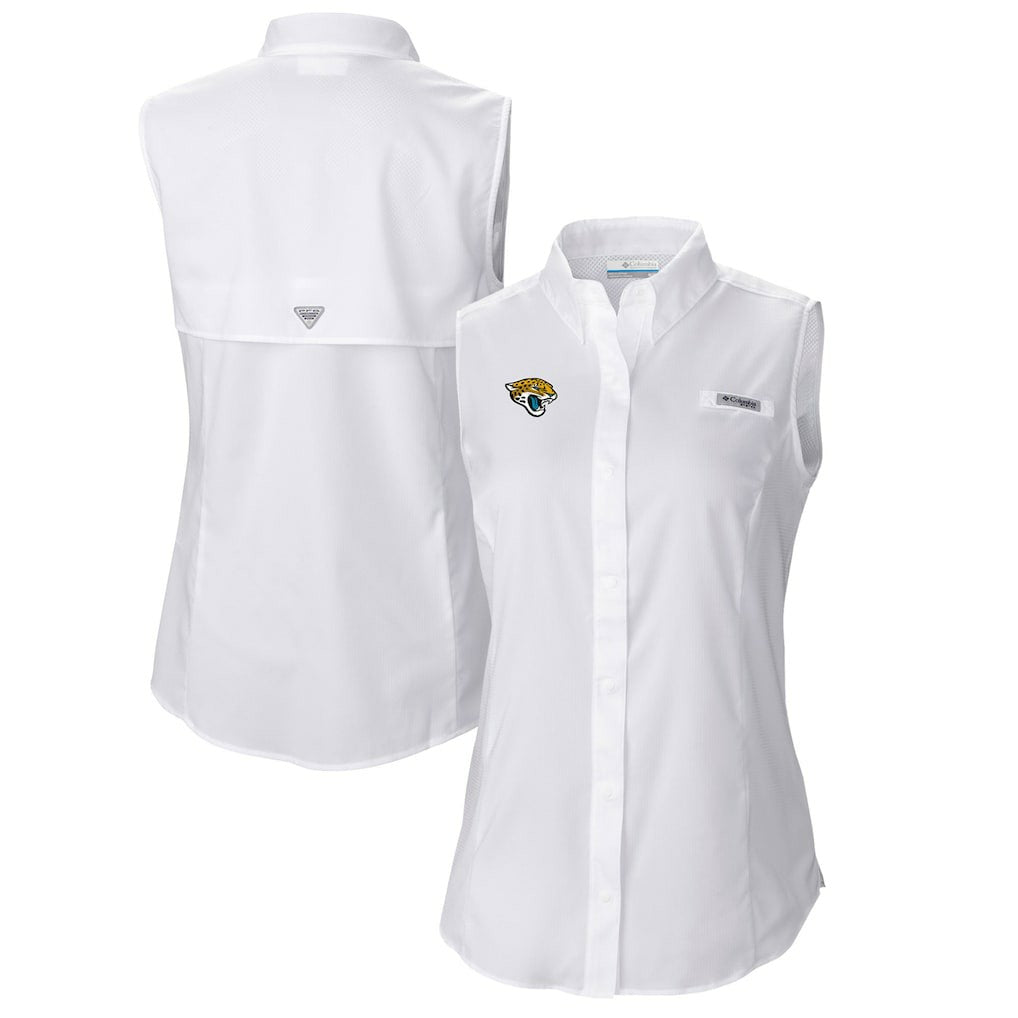 Jacksonville Jaguars Women's PFG Tamiami Omni-Shade Sleeveless Button-Up Shirt - White