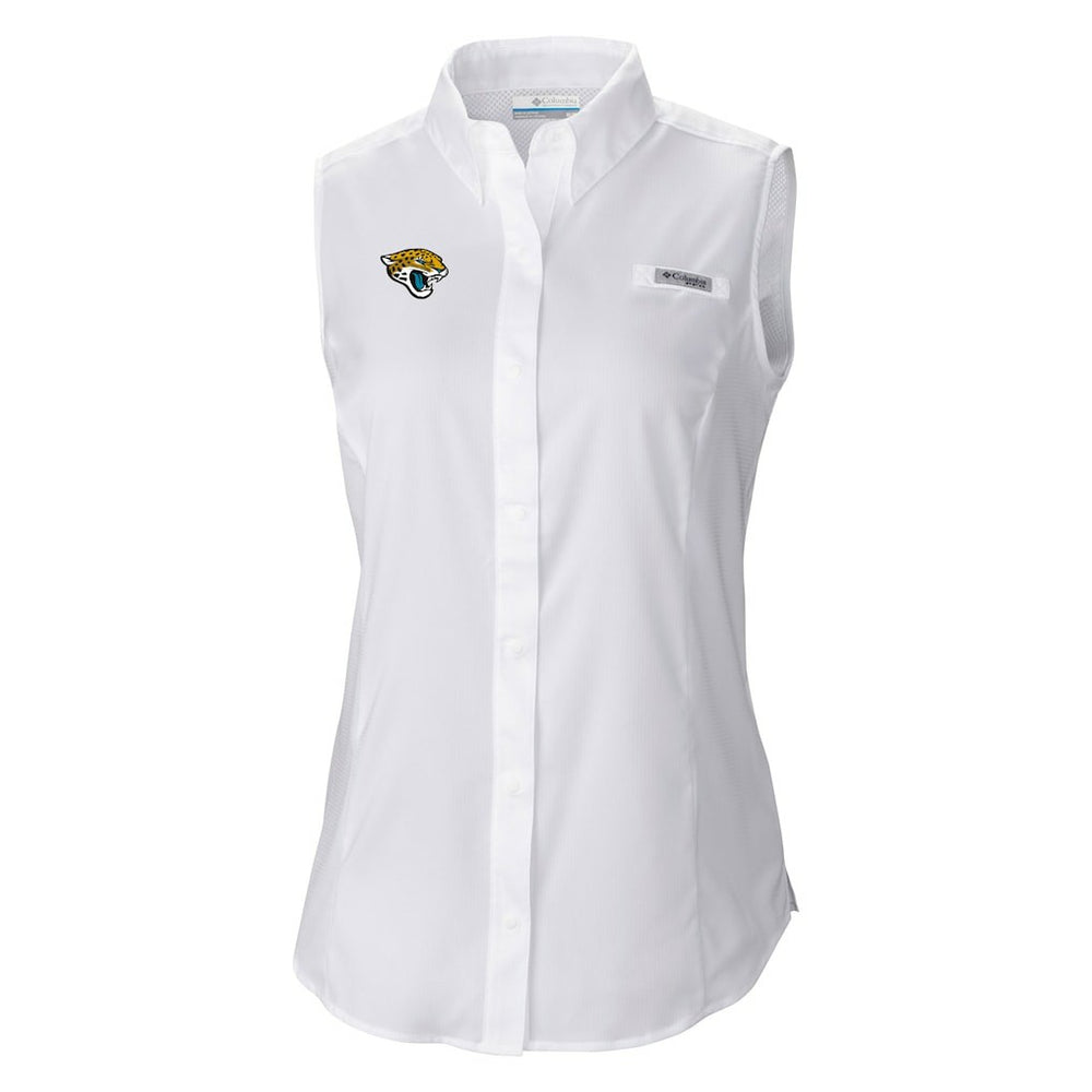 Jacksonville Jaguars Women's PFG Tamiami Omni-Shade Sleeveless Button-Up Shirt - White