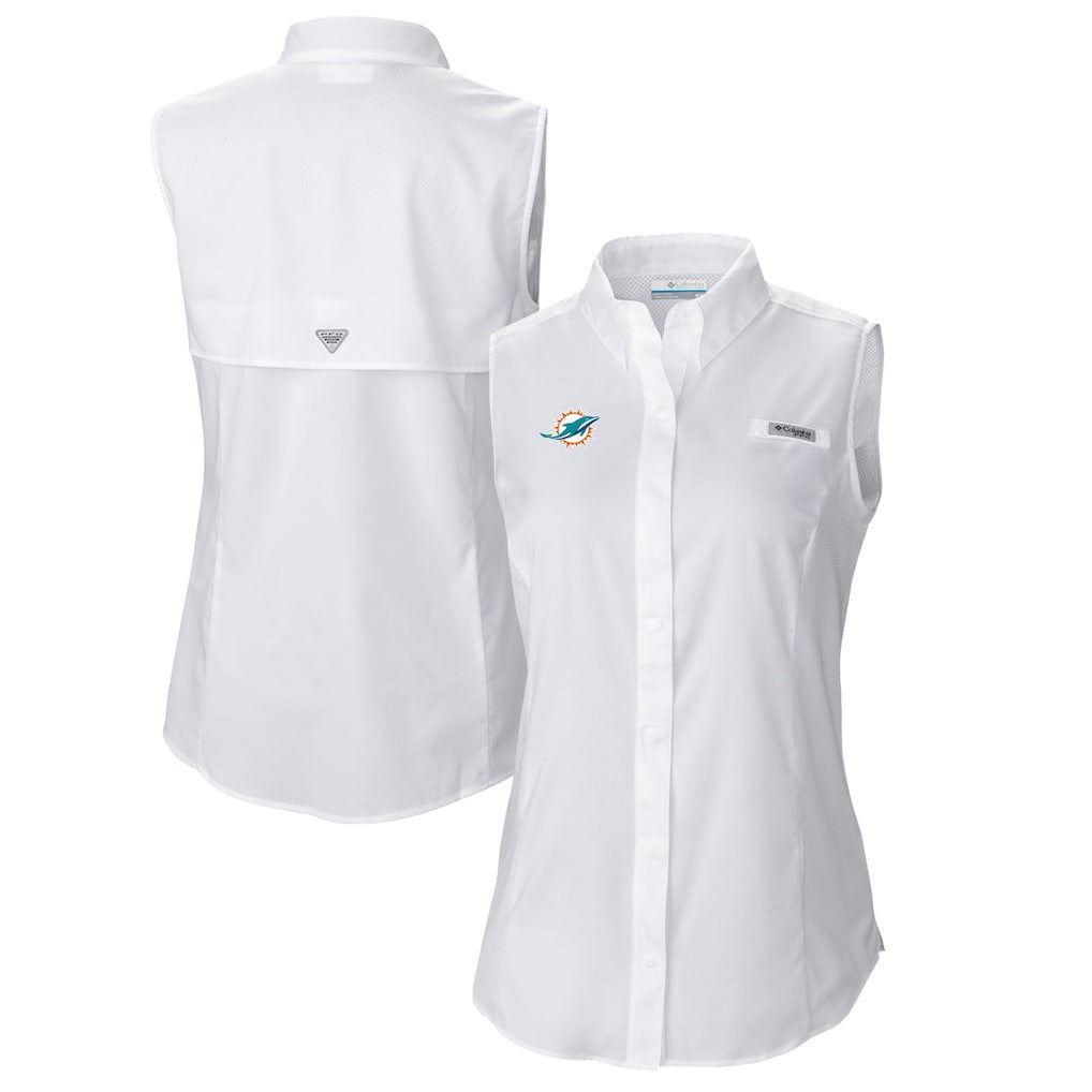 Miami Dolphins Women's PFG Tamiami Omni-Shade Sleeveless Button-Up Shirt - White