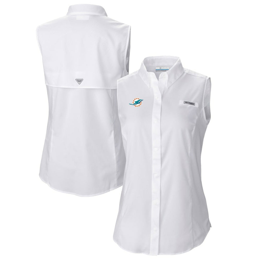 Miami Dolphins Women's PFG Tamiami Omni-Shade Sleeveless Button-Up Shirt - White