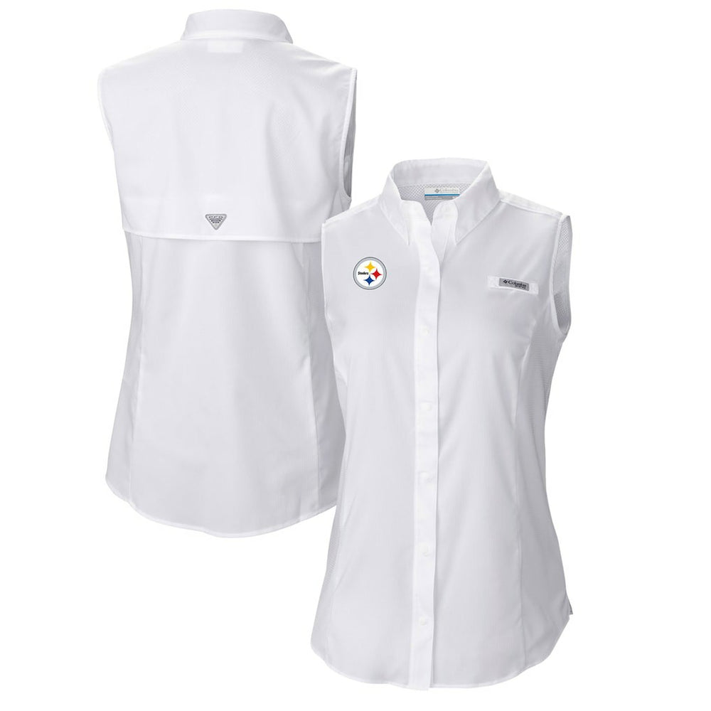 Pittsburgh Steelers Women's PFG Tamiami Omni-Shade Sleeveless Button-Up Shirt - White