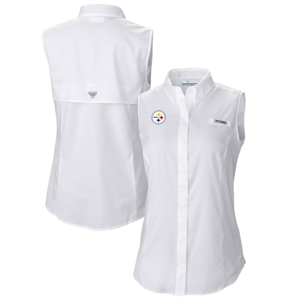Pittsburgh Steelers Women's PFG Tamiami Omni-Shade Sleeveless Button-Up Shirt - White