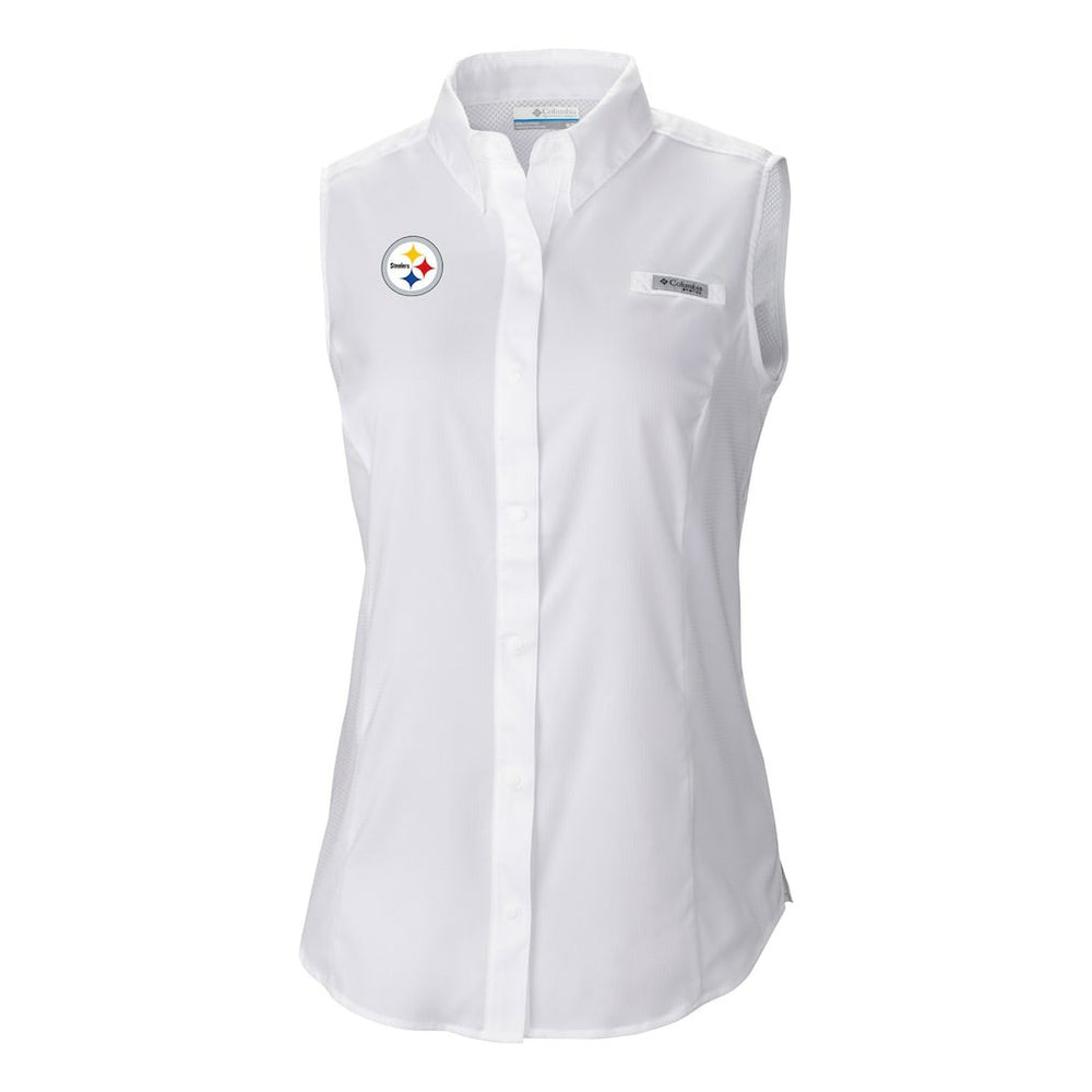 Pittsburgh Steelers Women's PFG Tamiami Omni-Shade Sleeveless Button-Up Shirt - White