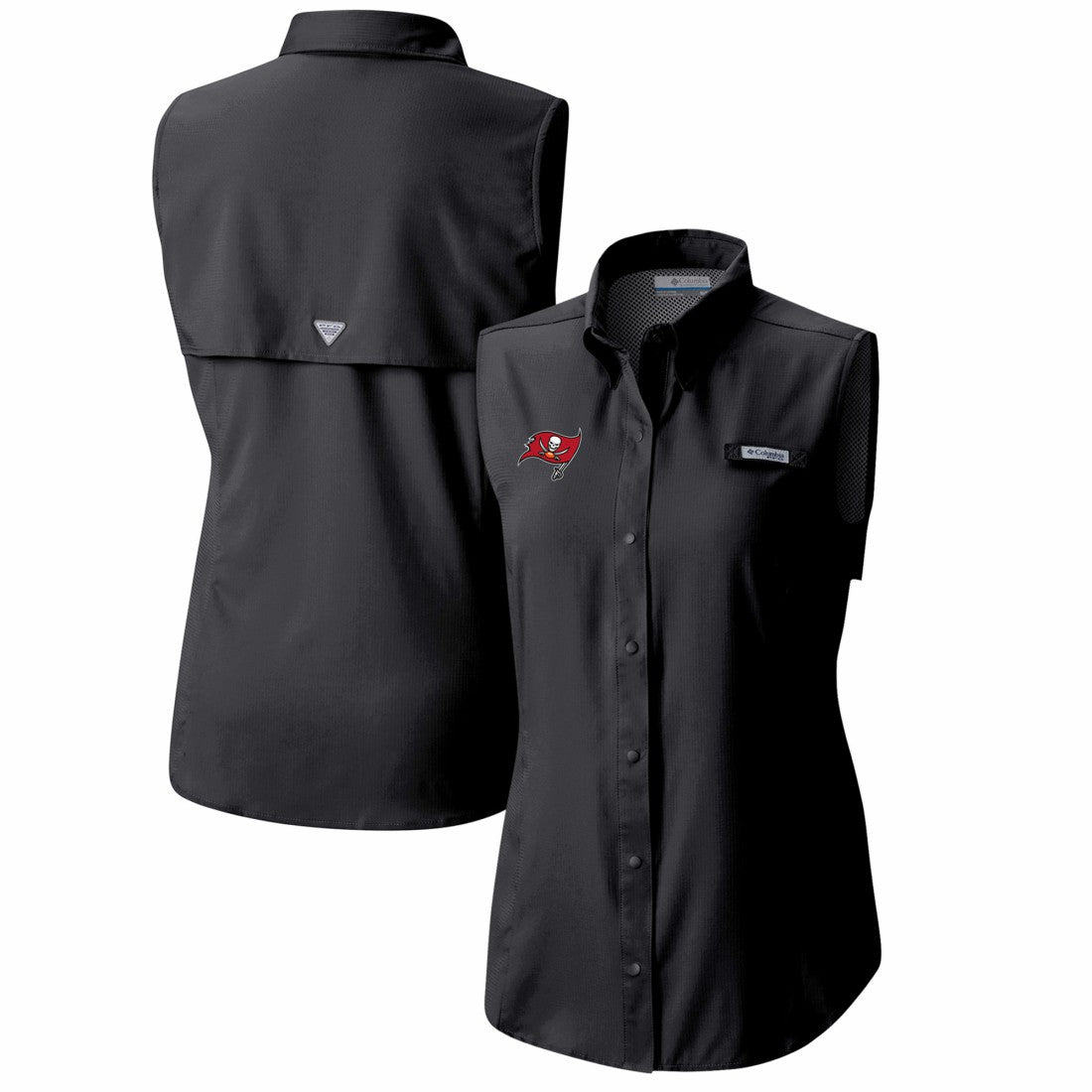Tampa Bay Buccaneers Women's PFG Tamiami Omni-Shade Sleeveless Button-Up Shirt - Black