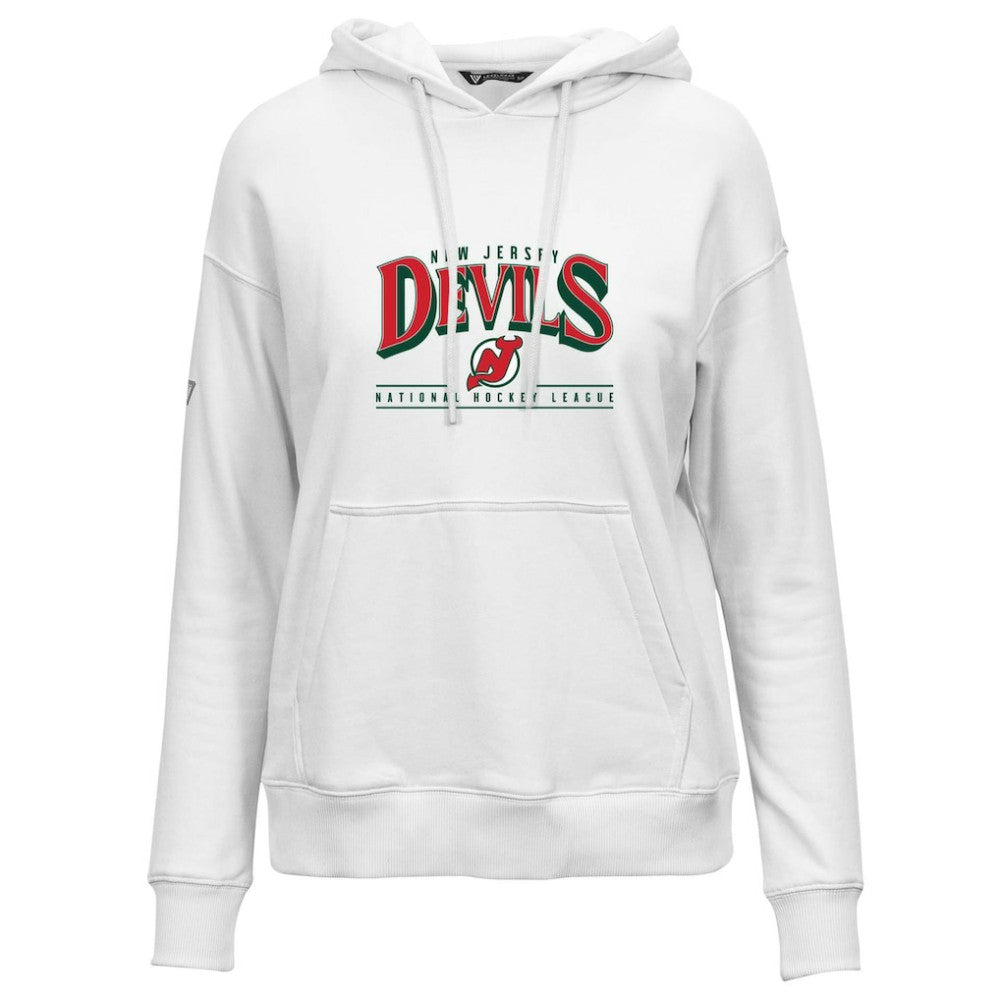 New Jersey Devils Levelwear Women's Retro Adorn Spellout Pullover Hoodie - White | US 201275446