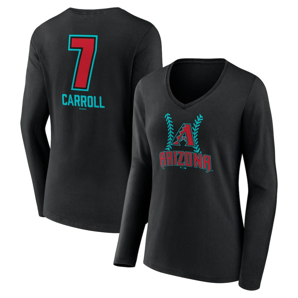 Corbin Carroll Arizona Diamondbacks Women's Name & Number Fastball V-Neck Long Sleeve T-Shirt - Black T-shirts