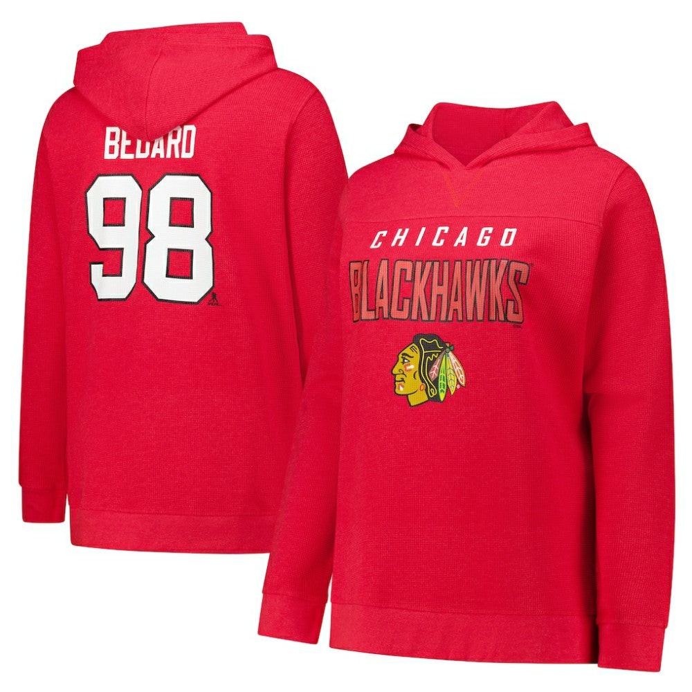 Connor Bedard Chicago Blackhawks Profile Women's Plus Size Name & Number Thermal Pullover Hoodie - Red | US 201279781
