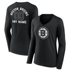 Boston Bruins Women's Personalized Name & Number Monochrome Long Sleeve V-Neck T-Shirt - Black | US 201281431