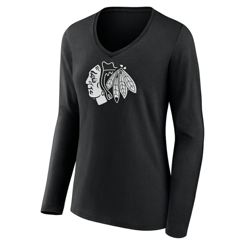 Chicago Blackhawks Women's Personalized Name & Number Monochrome Long Sleeve V-Neck T-Shirt - Black | US 201281455