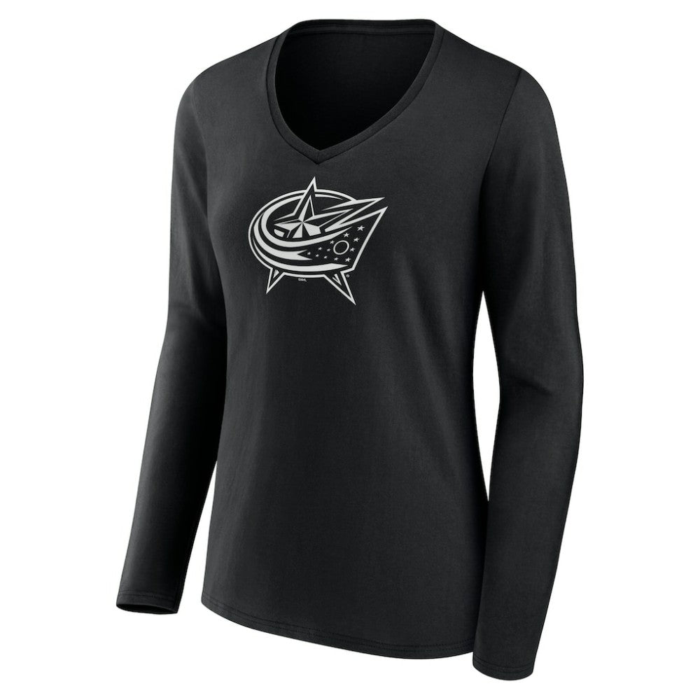 Columbus Blue Jackets Women's Personalized Name & Number Monochrome Long Sleeve V-Neck T-Shirt - Black | US 201281467