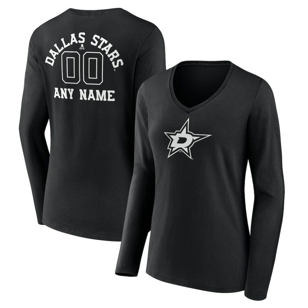 Dallas Stars Women's Personalized Name & Number Monochrome Long Sleeve V-Neck T-Shirt - Black | US 201281473